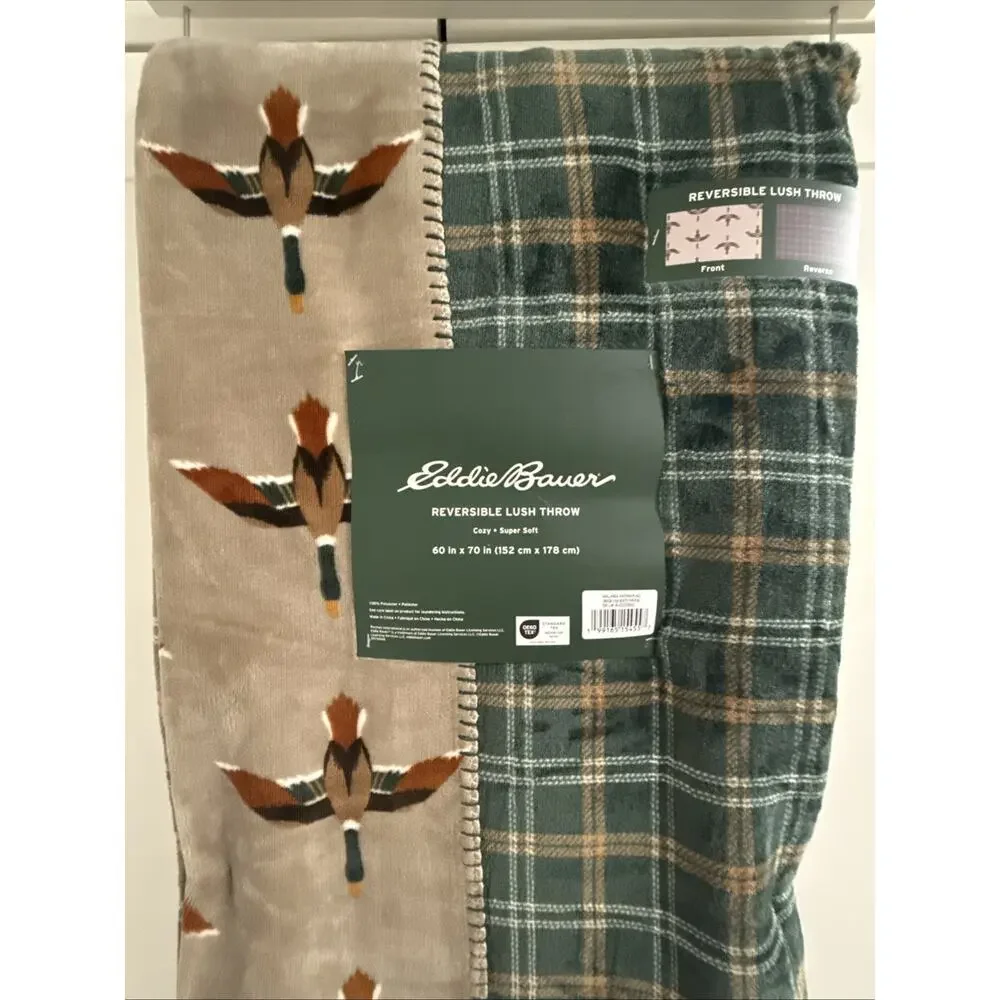 Eddie Bauer MALLARD DUCK Reversible Green PLAID Lush Plush Throw Blanket Ducks